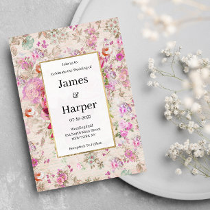 Vintage country chic ivory pink floral Wedding  Invitation