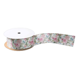 Vintage Country Chic Pink Teal Lavender Floral Satin Ribbon