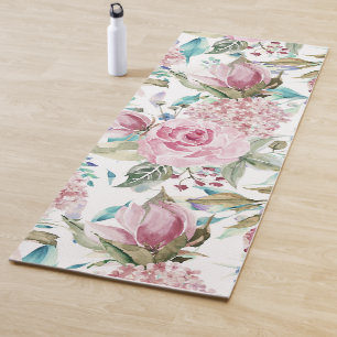 Vintage Country Chic Pink Teal Lavender Floral Yoga Mat