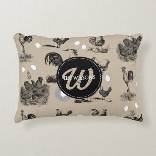 Vintage Country Chicken Rooster Egg Monogram  Decorative Cushion