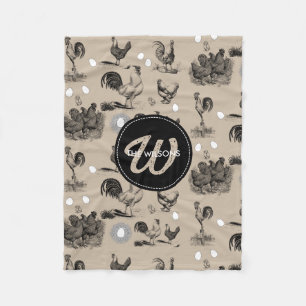 Vintage Country Chicken Rooster Egg Monogram Fleece Blanket