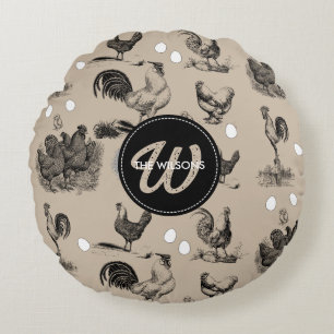 Vintage Country Chicken Rooster Egg Monogram Round Cushion