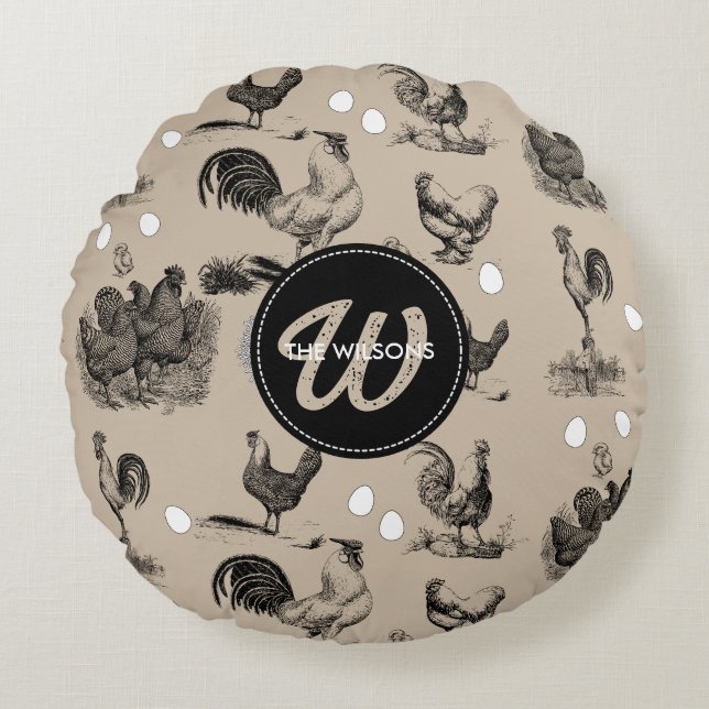 Vintage Country Chicken Rooster Egg Monogram Round Cushion (Front)