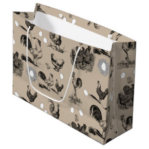 Vintage Country Chicken Rooster Egg Pattern Large Gift Bag