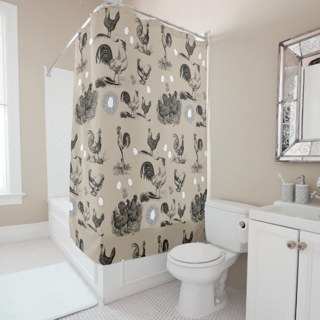 Vintage Country Chicken Rooster Egg Pattern  Shower Curtain (In Situ)