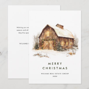Vintage Country Christmas Barn Pine Tree Corporate Holiday Card