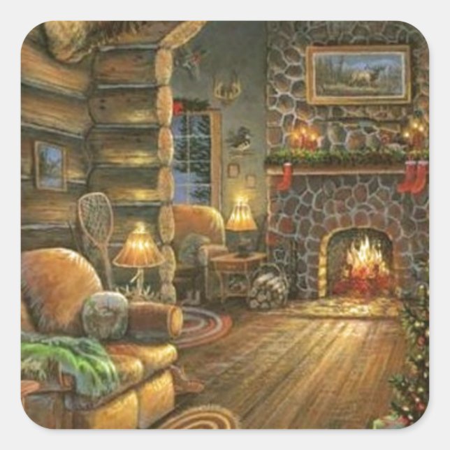 Vintage Country Christmas Cabin Square Sticker (Front)