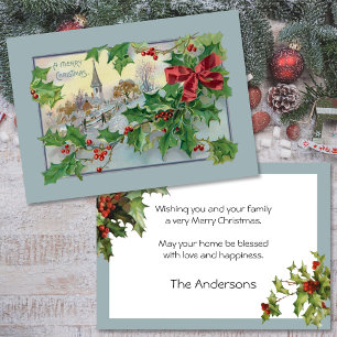 Vintage Country Church and Holly Holiday Card