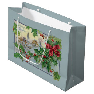 Vintage Country Church and Holly Large Gift Bag