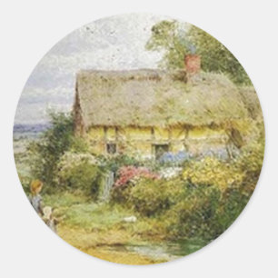 Vintage Country Cottage and Children Classic Round Sticker