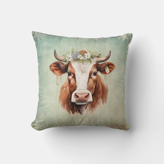 Vintage country Cow Christmas  Cushion (Front)