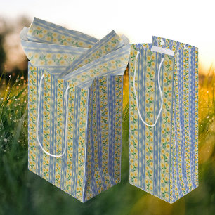 Vintage Country Daisies Blue White Check Stripe Medium Gift Bag