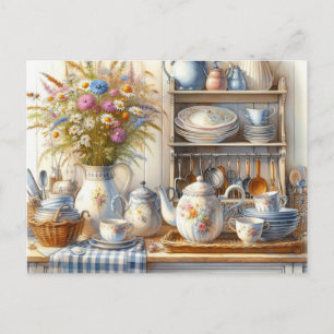Vintage Country Farmhouse Dishes Teapot Postcard