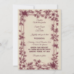 Vintage Country French Toile Burgundy Floral Vines Invitation