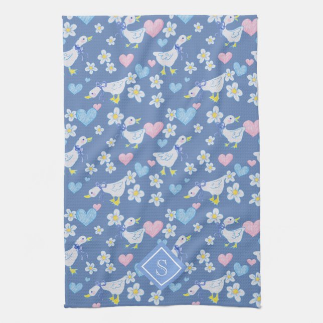 Vintage Country Geese Pattern Monogram Tea Towel (Vertical)