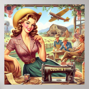 Vintage Country Girl Illustration Poster