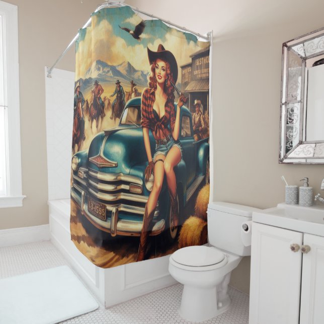 Vintage Country Girl Illustration Shower Curtain (In Situ)