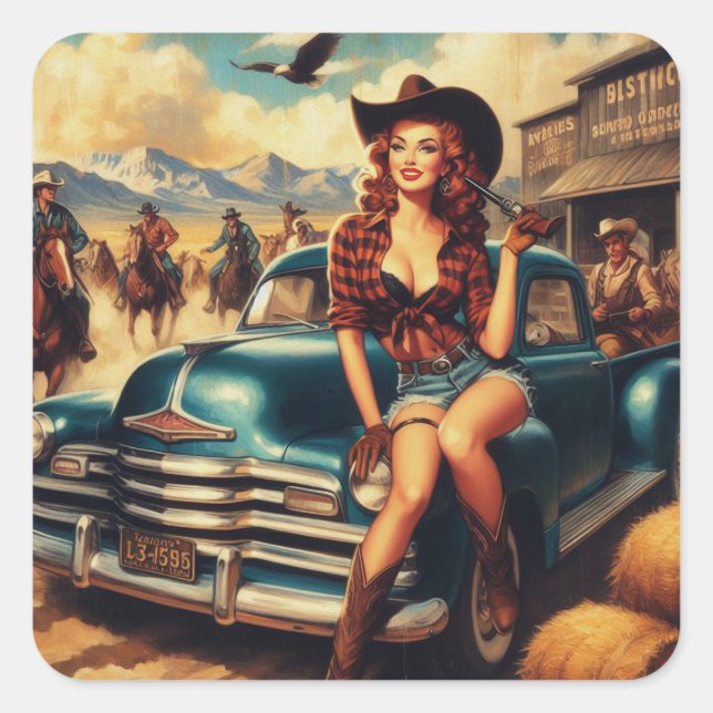 Vintage Country Girl Illustration Square Sticker (Front)