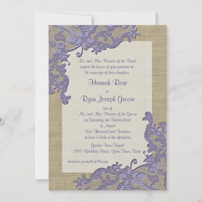 Vintage Country Lace Design and Burlap Purple Invitation (Front)