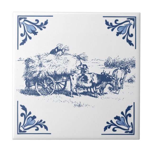Vintage Country Loading Hay Delft Blue & White Tile (Front)