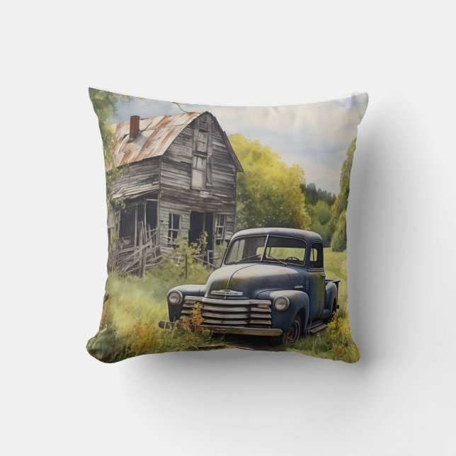 Vintage country pillow with pickup and barn (Front)