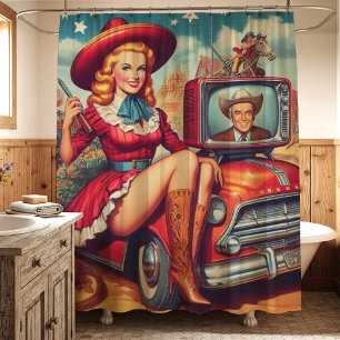 Vintage Country Pin-Up Illustration Shower Curtain