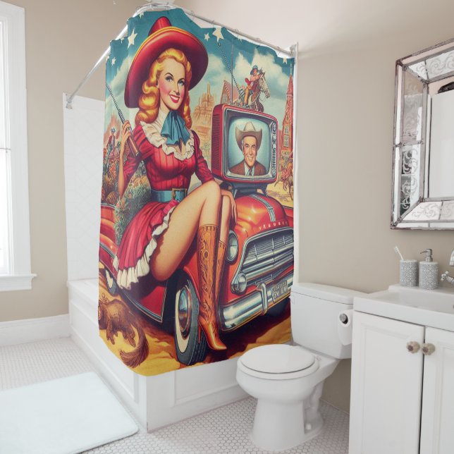 Vintage Country Pin-Up Illustration Shower Curtain (In Situ)