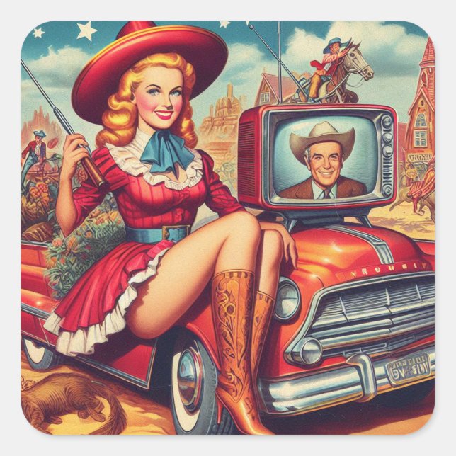 Vintage Country Pin-Up Illustration Square Sticker (Front)