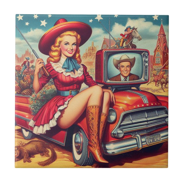 Vintage Country Pin-Up Illustration Tile (Front)