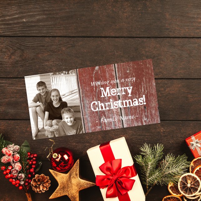 Vintage Country Red Barn Wood Photo Christmas Card (Creator Uploaded)