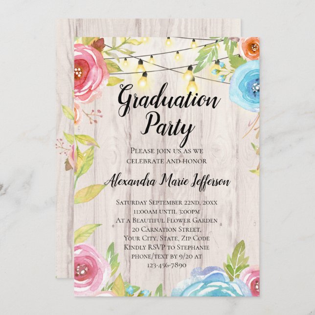 Vintage Country Rustic String Lights Graduation Invitation (Front/Back)