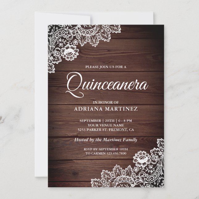 Vintage Country Rustic Wood Lace Quinceanera Invitation (Front)