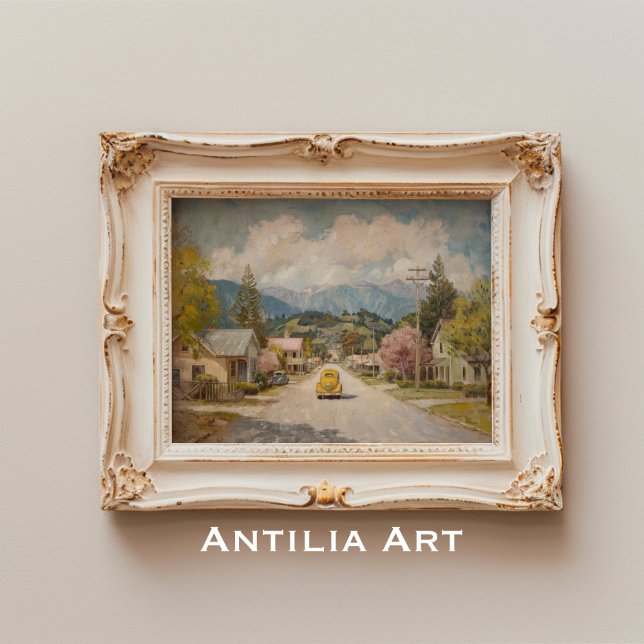 Vintage Country Town Painting Rustic Yellow Car Poster (Creator Uploaded)