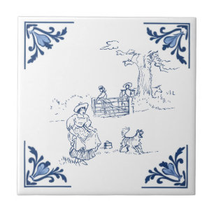Vintage Country Walk with Dog Delft Blue and White Tile