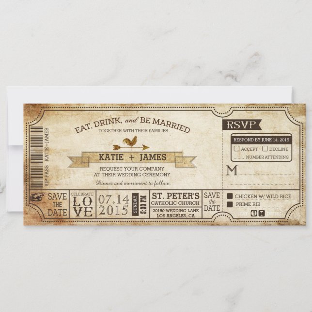 Vintage Country Western Themed Ticket Wedding Invitation (Front)
