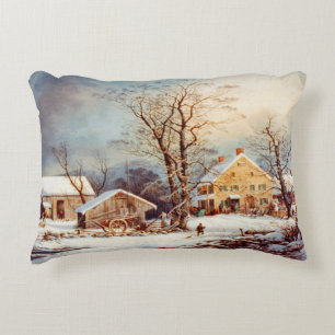 Vintage Country Winter Holiday Christmas Scene Decorative Cushion