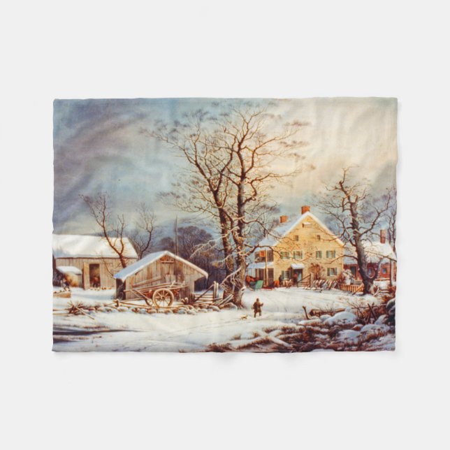 Vintage Country Winter Holiday Christmas Scene Fleece Blanket (Front (Horizontal))
