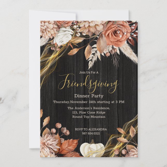 Vintage Country Wood Floral Friendsgiving Dinner Invitation (Front)
