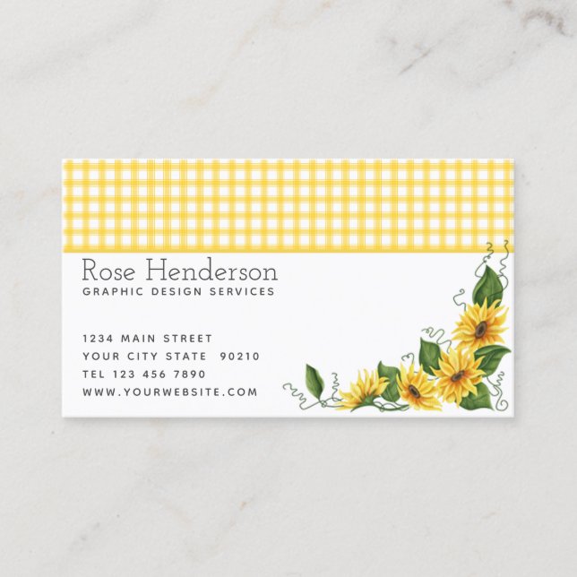 Vintage Country Yellow Gingham & Sunflowers Business Card (Front)