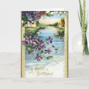 Vintage Countryside Scene Flowers River Card