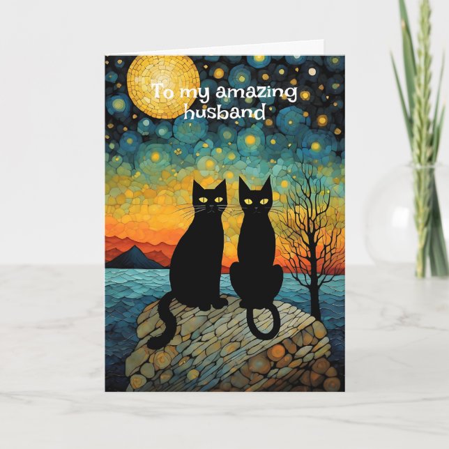 Vintage Couple Black Cat On Rock Anniversary Card (Front)