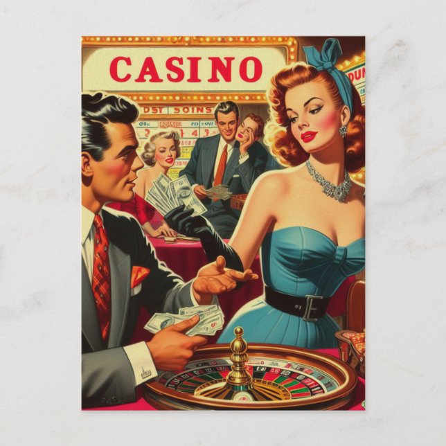 Vintage Couple Casino Illustration Postcard (Front)