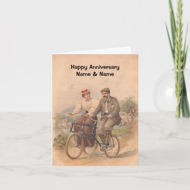 Vintage Couple Cycling Happy Anniversary Card (Front)