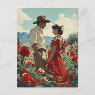 Vintage Couple in a field of roses Postcard