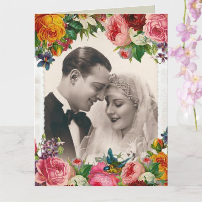 Vintage Couple in Love Wedding Roses Card (Orchid)