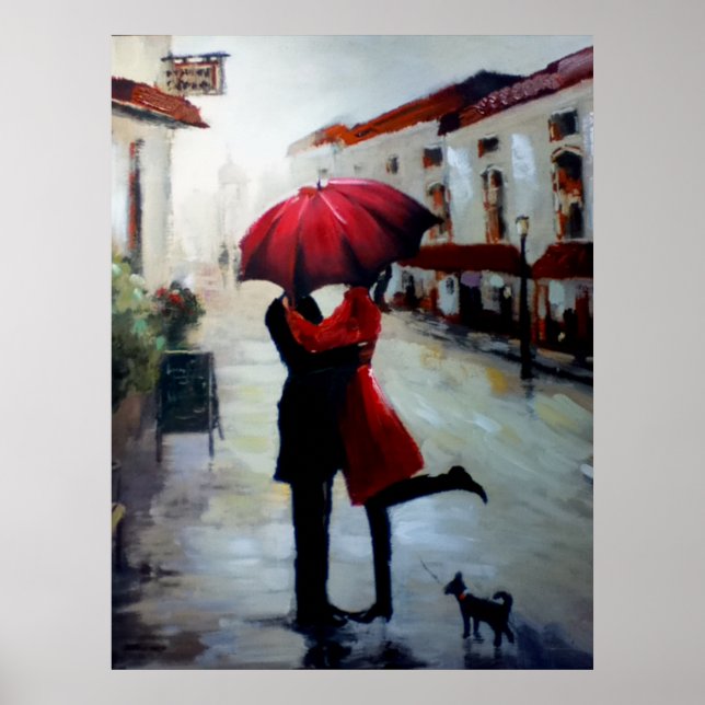 Vintage Couple with Umbrella and Dog Poster Print (Front)