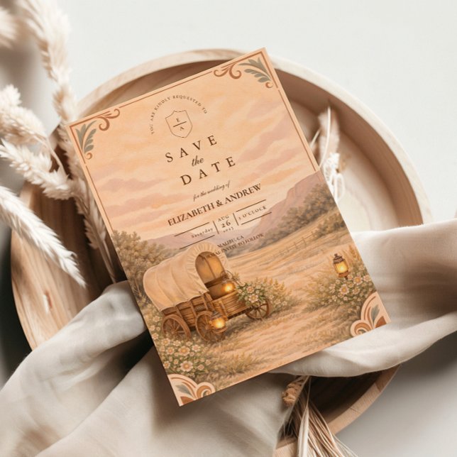 Vintage Covered Wagon Meadow Wedding Save The Date (Creator Uploaded)
