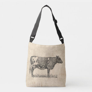 Vintage Cow Art Illustration w/ Script Background Crossbody Bag