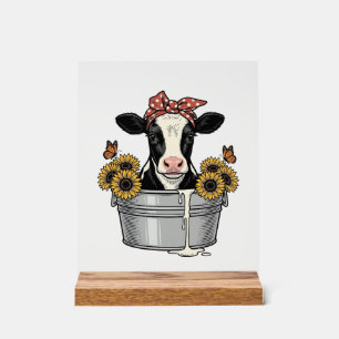 Vintage Cow in Tub Sunflower Butterfly Vector Desi Acrylic Sign
