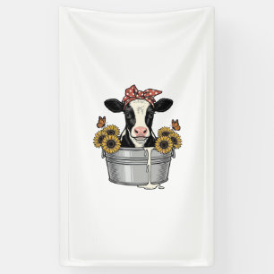 Vintage Cow in Tub Sunflower Butterfly Vector Desi Banner